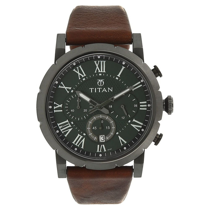 Titan Quartz Analog with Date Green Dial Leather Strap Watch for Men-NM90050QL01