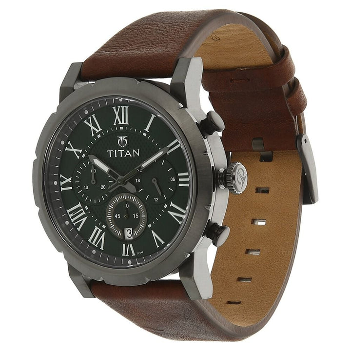 Titan Quartz Analog with Date Green Dial Leather Strap Watch for Men-NM90050QL01