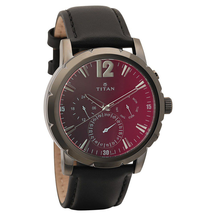 Titan Quartz Multifunction Black Dial Leather Strap Watch for Men-NP90050QL03