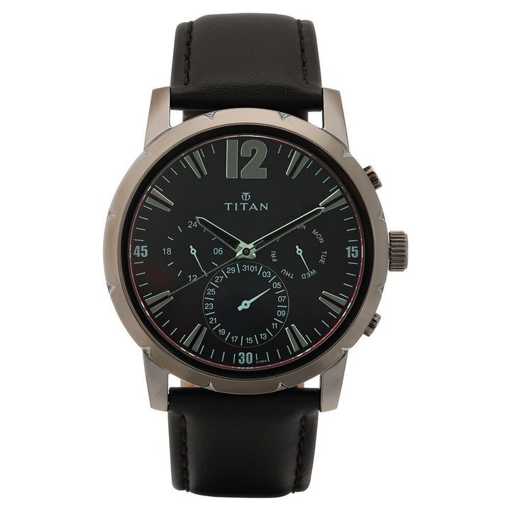 Titan Quartz Multifunction Black Dial Leather Strap Watch for Men-NP90050QL03
