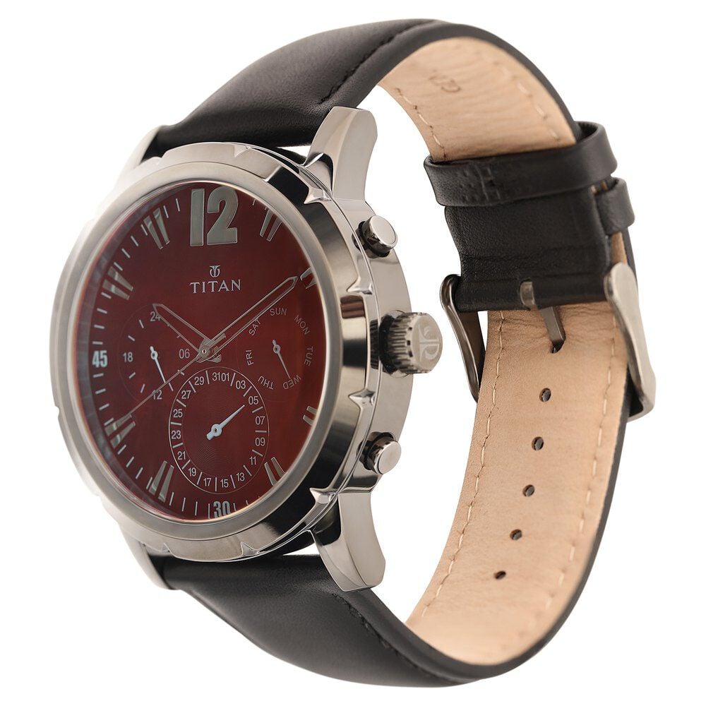 Titan Quartz Multifunction Black Dial Leather Strap Watch for Men-NP90050QL03