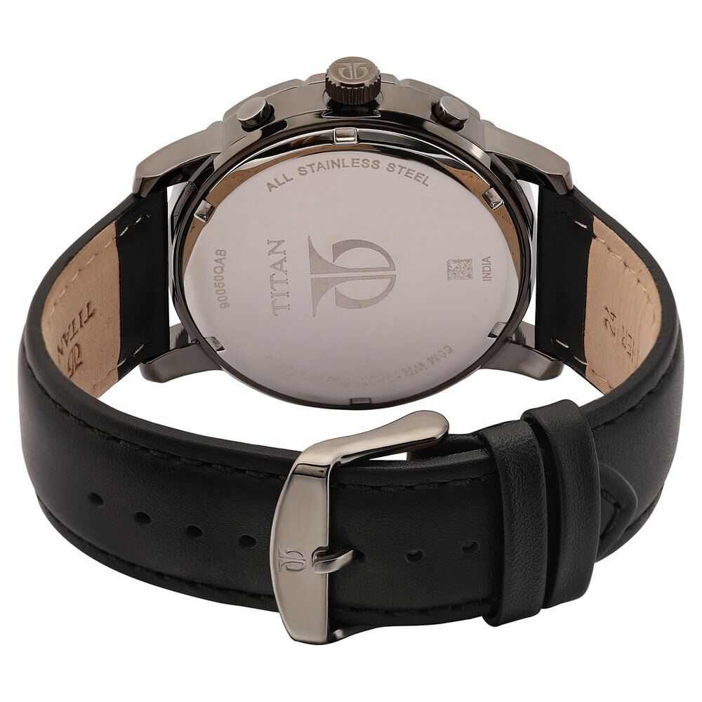 Titan Quartz Multifunction Black Dial Leather Strap Watch for Men-NP90050QL03