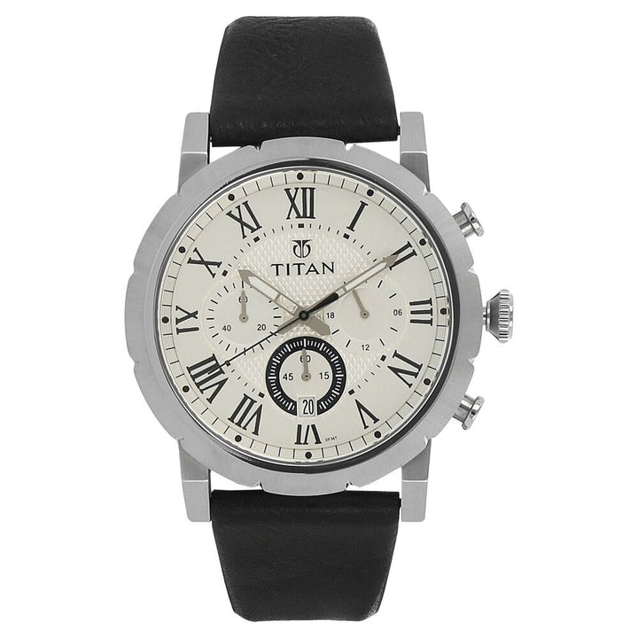 Titan Quartz Analog with Date Silver Dial Leather Strap Watch for Men-NK90050SL01