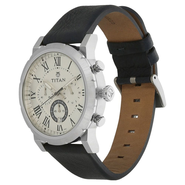 Titan Quartz Analog with Date Silver Dial Leather Strap Watch for Men-NK90050SL01