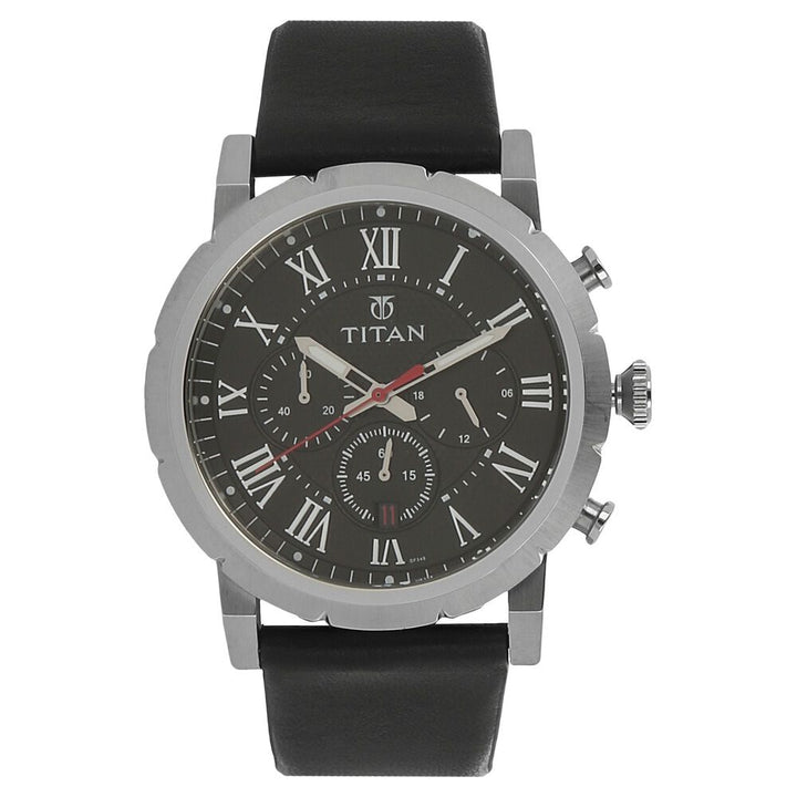 Titan Quartz Analog with Date Black Dial Leather Strap Watch for Men-90050SL02J