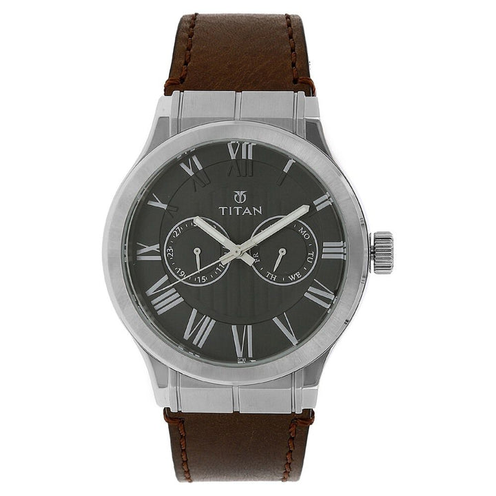 Titan Quartz Analog with Day and Date Black Dial Leather Strap Watch for Men-90051SL01J