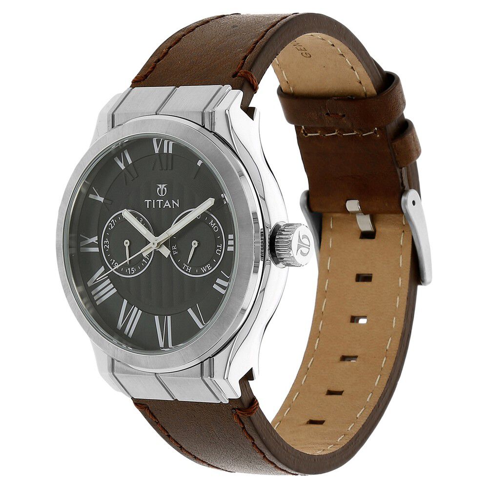 Titan Quartz Analog with Day and Date Black Dial Leather Strap Watch for Men-90051SL01J