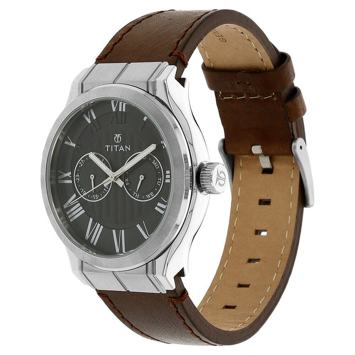 Titan Quartz Analog with Day and Date Black Dial Leather Strap Watch for Men-90051SL01J
