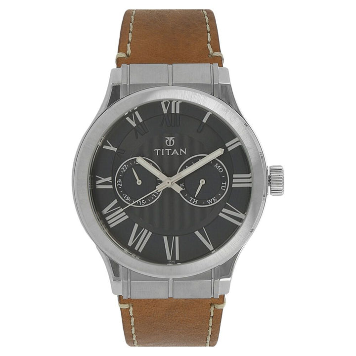 Titan Analog with Day and Date Blue Dial Leather Strap watch for Men-90051SL02J