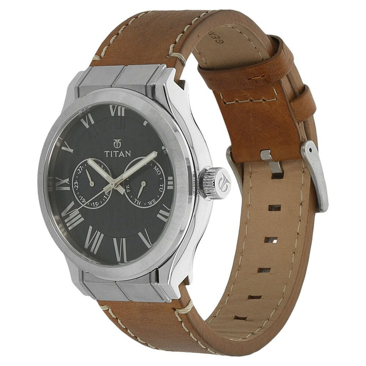 Titan Analog with Day and Date Blue Dial Leather Strap watch for Men-90051SL02J