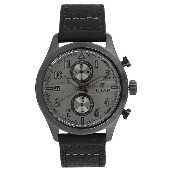 Titan Quartz Chronograph Silver Dial Leather Strap Watch for Men-90052QL01J