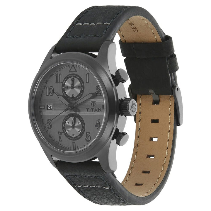 Titan Quartz Chronograph Silver Dial Leather Strap Watch for Men-90052QL01J