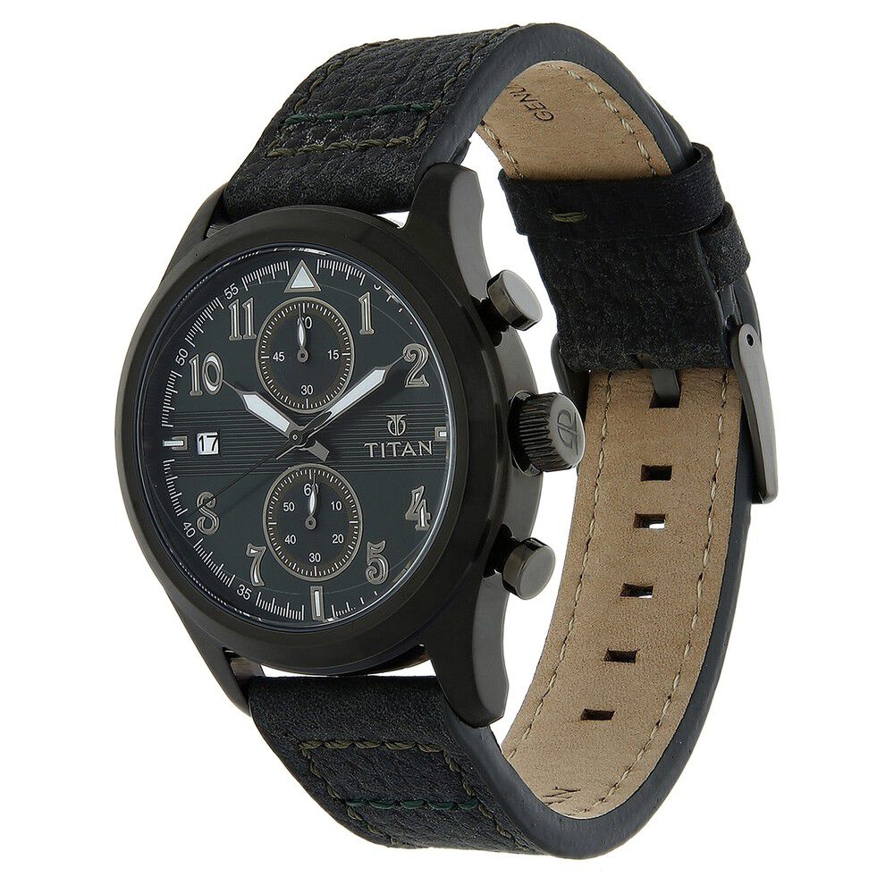 Titan Chronograph Green Dial Leather Strap watch for Men-90052QL02J