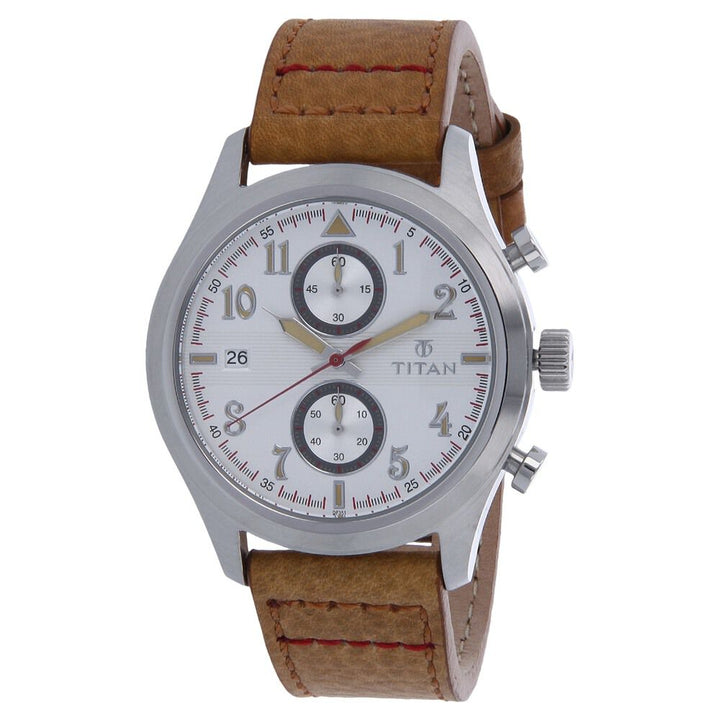 Titan Quartz Chronograph Silver Dial Leather Strap Watch for Men-90052SL01J