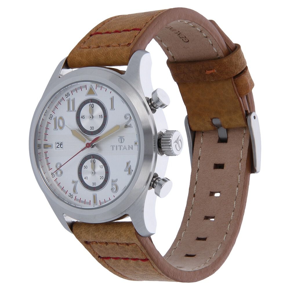Titan Quartz Chronograph Silver Dial Leather Strap Watch for Men-90052SL01J