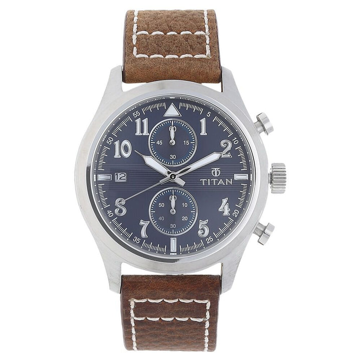Titan Quartz Chronograph Blue Dial Leather Strap Watch for Men-90052SL02J