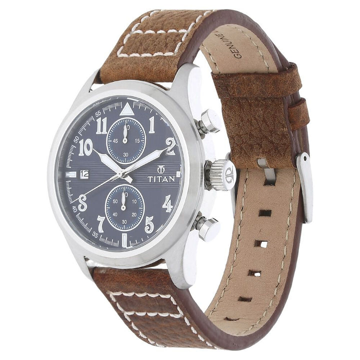 Titan Quartz Chronograph Blue Dial Leather Strap Watch for Men-90052SL02J
