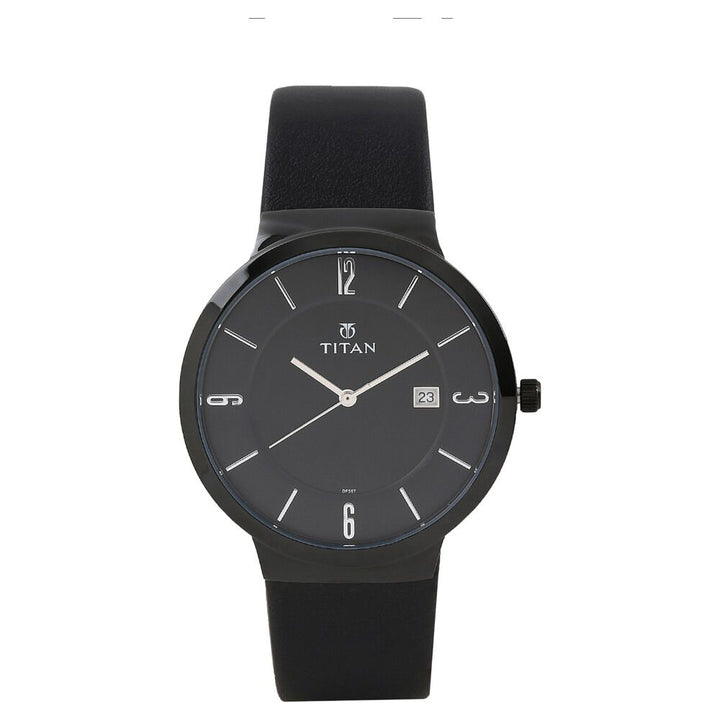 Titan Quartz Analog with Date Black Dial Leather Strap Watch for Men-NJ90053NL01