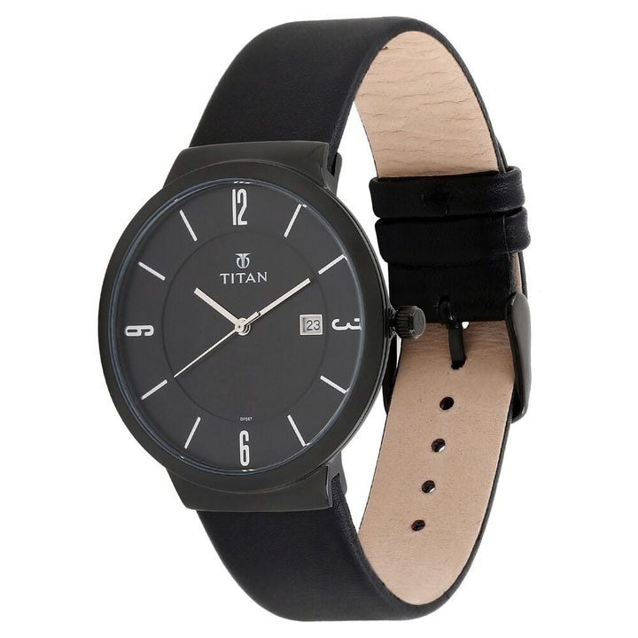 Titan Quartz Analog with Date Black Dial Leather Strap Watch for Men-NJ90053NL01