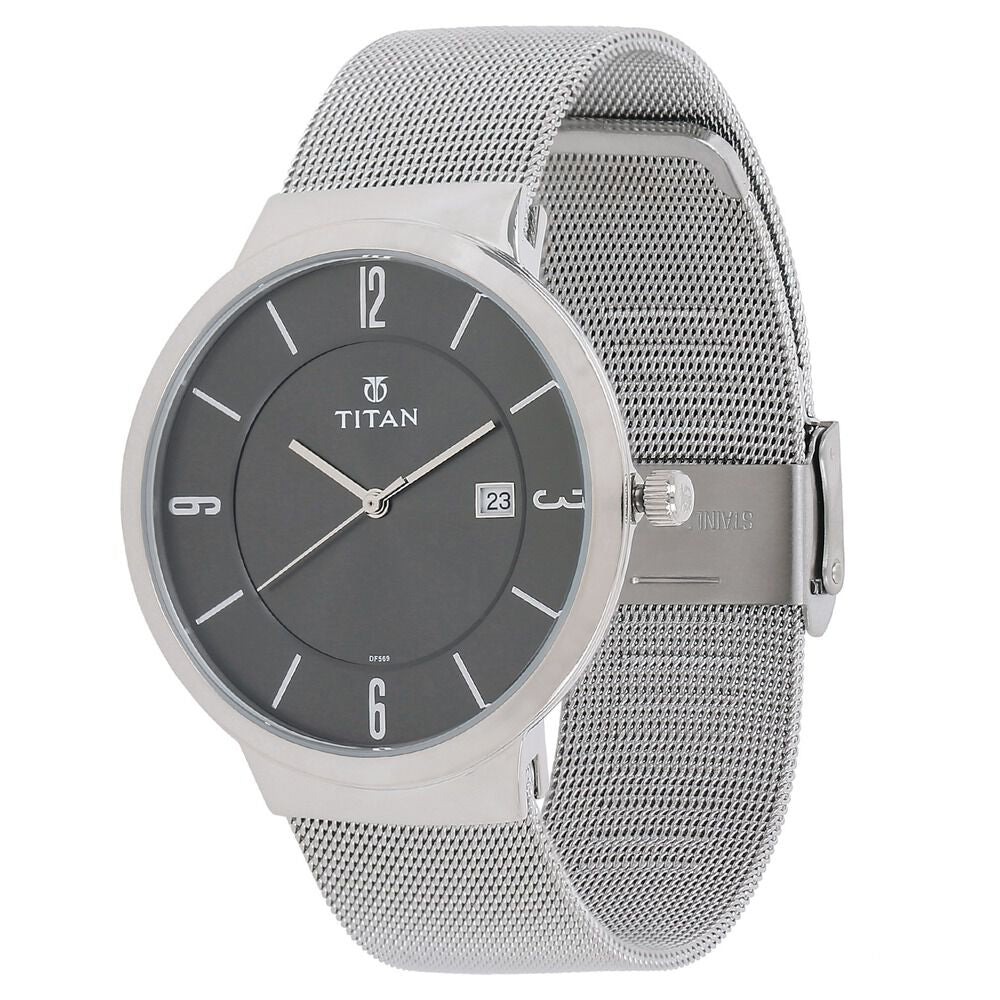 Titan Quartz Analog with Date Black Dial Stainless Steel Strap Watch for Men-NM90053SM01