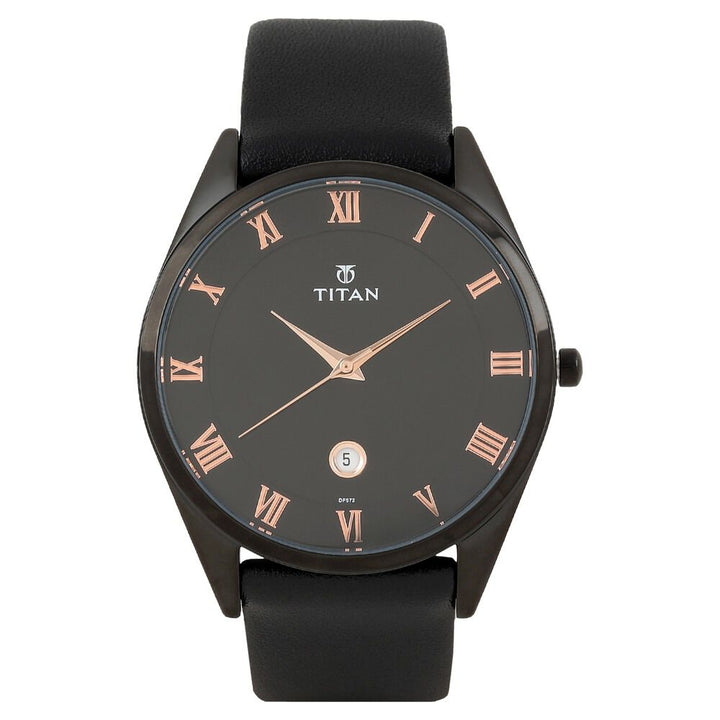 Titan Quartz Analog with Date Black Dial Leather Strap Watch for Men-90054NL01J