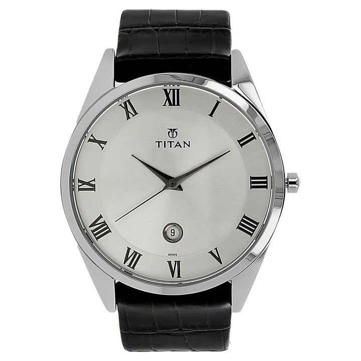 Titan Quartz Analog with Date Silver Dial Leather Strap Watch for Men-90054SL01