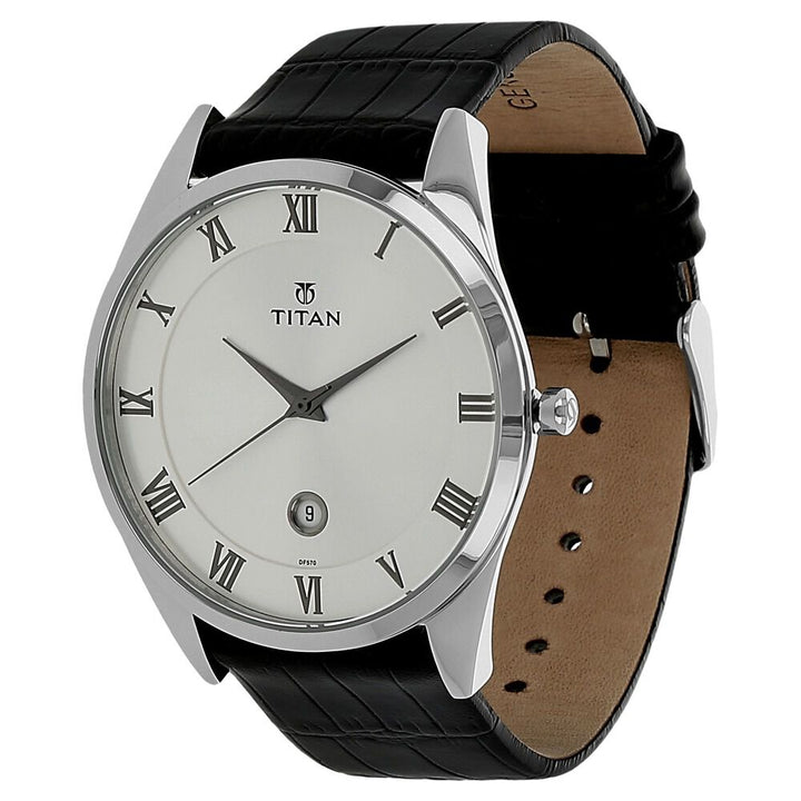 Titan Quartz Analog with Date Silver Dial Leather Strap Watch for Men-90054SL01