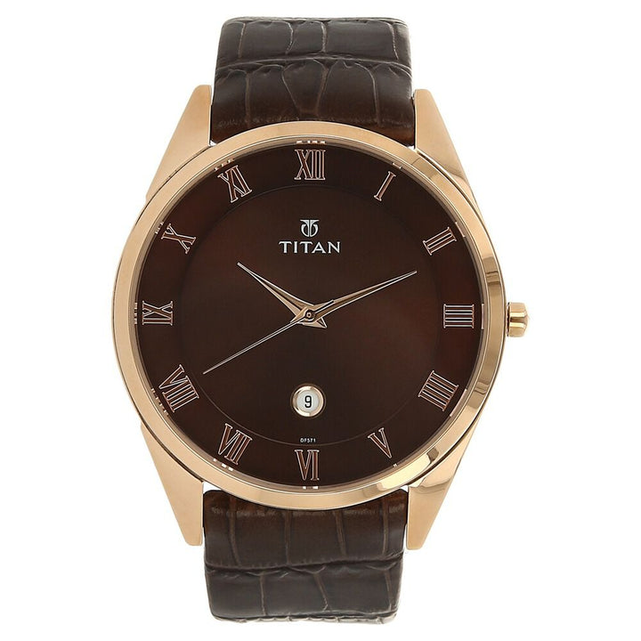 Titan Analog Brown Dial with Date Leather Strap watch for Men-NL90054WL01