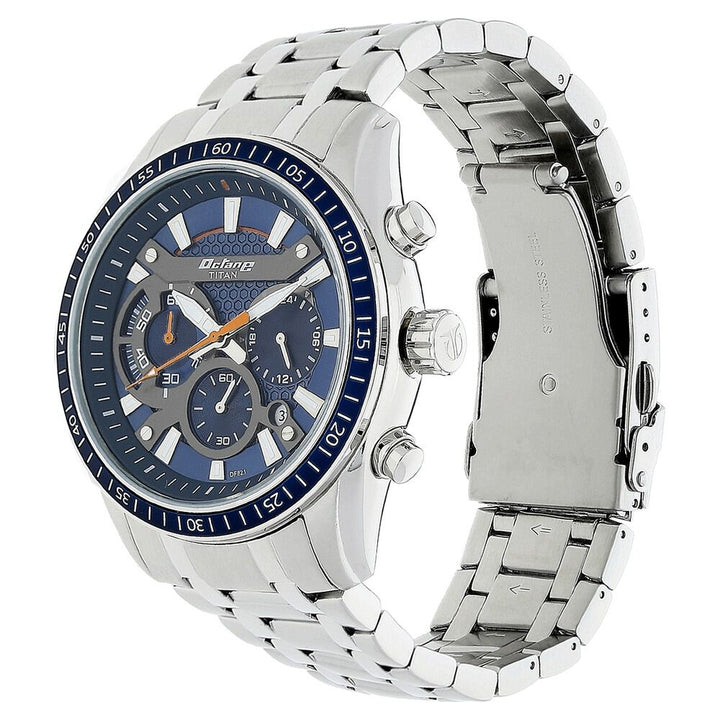 Titan Quartz Chronograph Blue Dial Stainless Steel Strap Watch for Men NS90077KM02