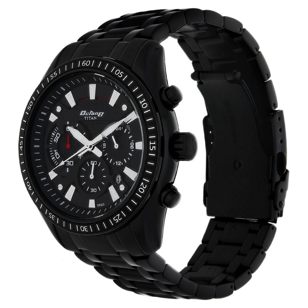 Titan Quartz Chronograph Black Dial Stainless Steel Strap Watch for Men NS90077NM01