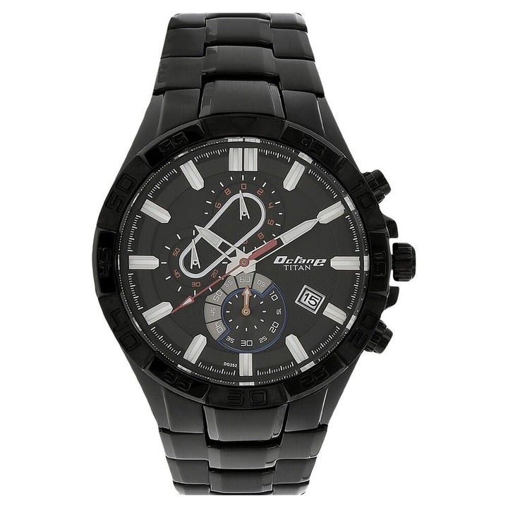 Titan Quartz Chronograph Black Dial Stainless Steel Strap Watch for Men-NS90079NM01