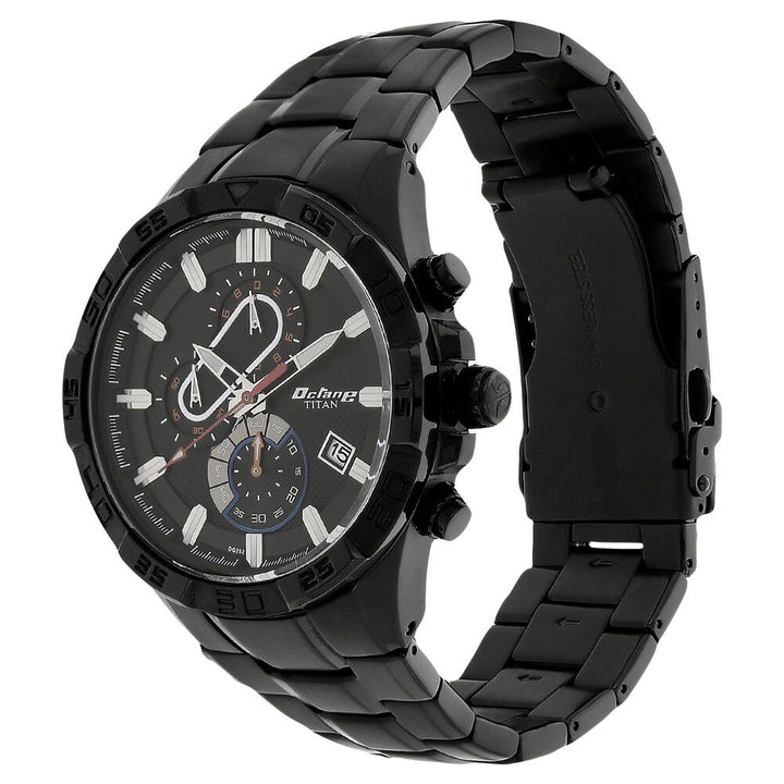 Titan Quartz Chronograph Black Dial Stainless Steel Strap Watch for Men-NS90079NM01
