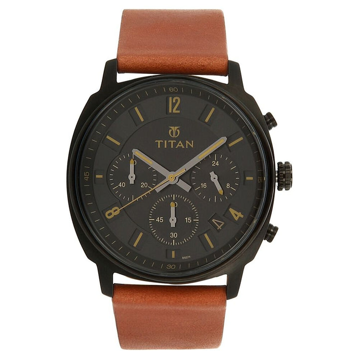 Titan Purple Past Modern Black Dial Chronograph Leather Strap Watch for Men-90081NL01