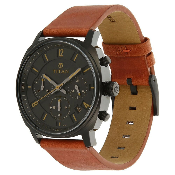 Titan Purple Past Modern Black Dial Chronograph Leather Strap Watch for Men-90081NL01