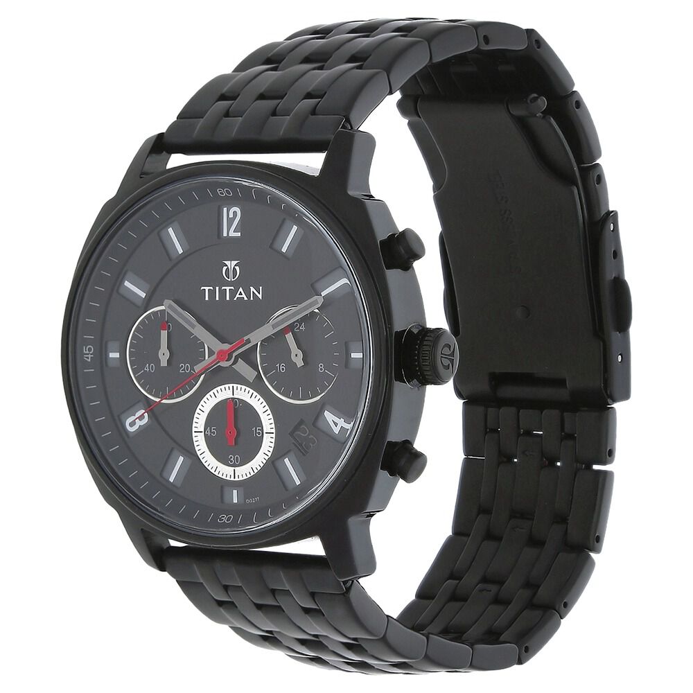 Titan Quartz Chronograph Black Dial Stainless Steel Strap Watch for Men-90081NM01