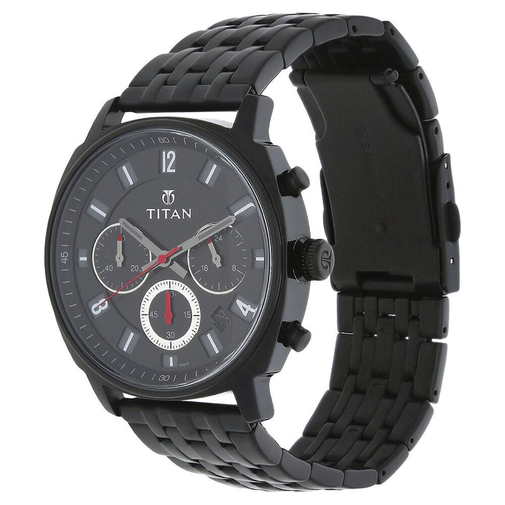 Titan Quartz Chronograph Black Dial Stainless Steel Strap Watch for Men-90081NM01