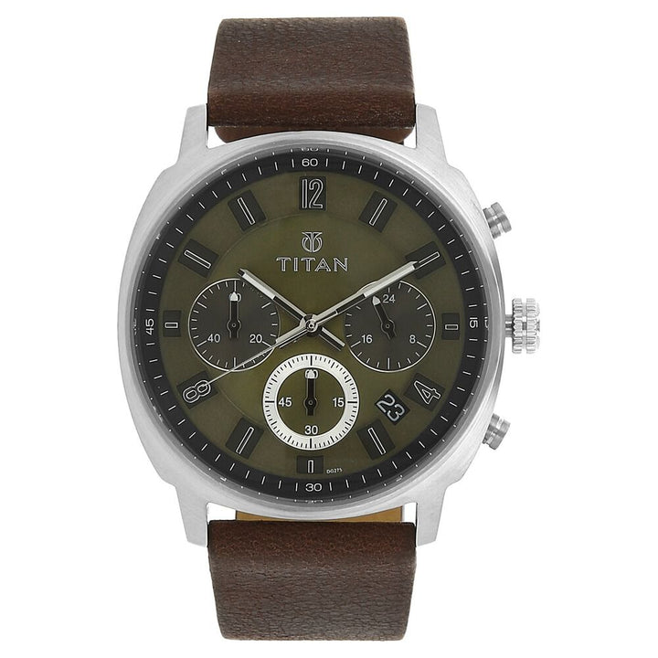Titan Purple Green Dial Chronograph Leather Strap Watch for Men-90081SL01