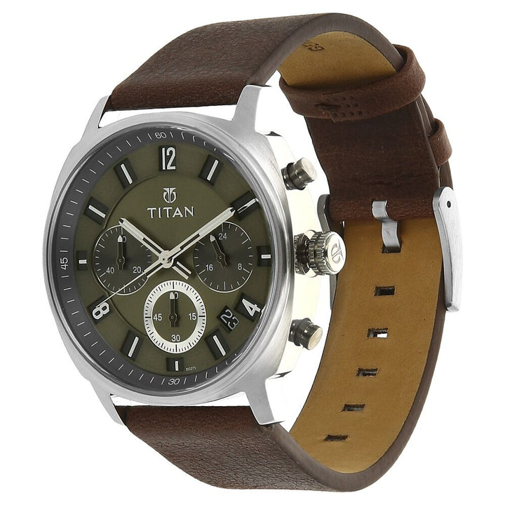 Titan Purple Green Dial Chronograph Leather Strap Watch for Men-90081SL01