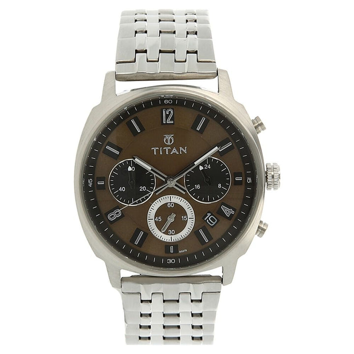 Titan Quartz Chronograph Brown Dial Stainless Steel Strap Watch for Men-90081SM01
