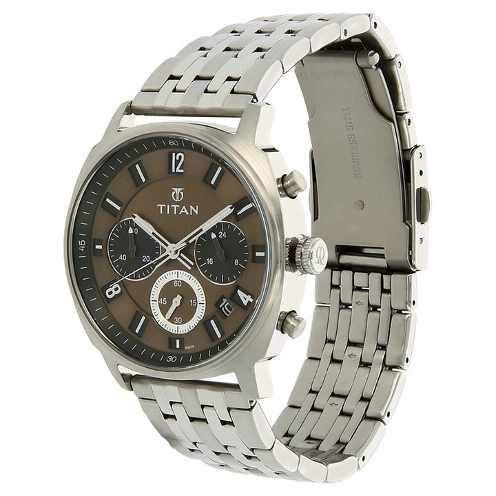 Titan Quartz Chronograph Brown Dial Stainless Steel Strap Watch for Men-90081SM01