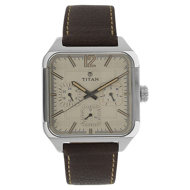 Titan PURPLE PAST MODERN Beige Dial Quartz Multifunction Leather Strap watch for Men-90083SL01