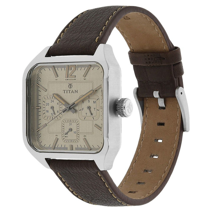 Titan PURPLE PAST MODERN Beige Dial Quartz Multifunction Leather Strap watch for Men-90083SL01