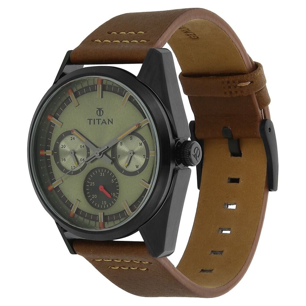 Titan PURPLE PAST MODERN Green Dial Quartz Multifunction Leather Strap watch for Men-90084NL01