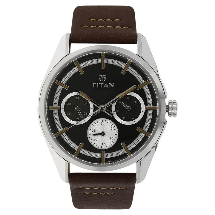 Titan Purple Past Modern Black Dial Quartz Multifunction Leather Strap watch for Men-90084SL01