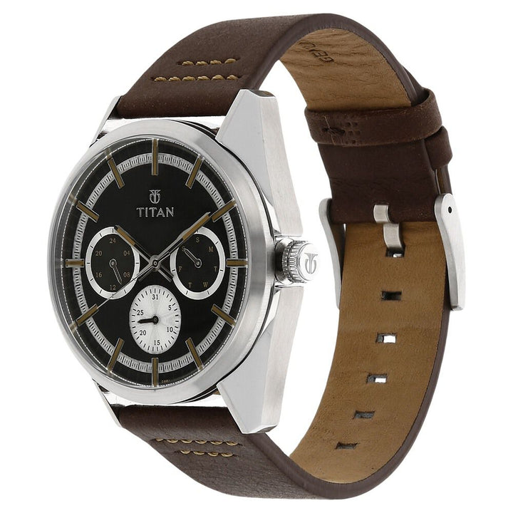 Titan Purple Past Modern Black Dial Quartz Multifunction Leather Strap watch for Men-90084SL01