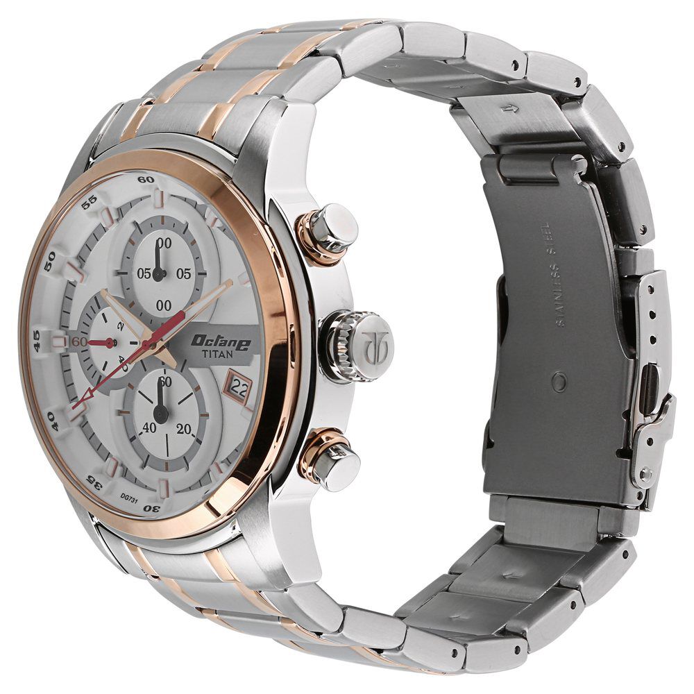 Titan Octane Quartz Chronograph White Dial Stainless Steel Strap Watch for Men NS90086KM02