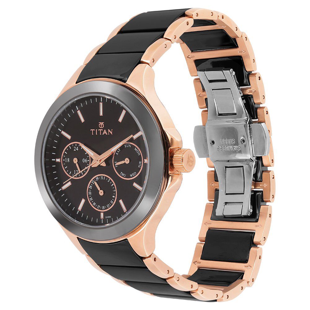 Titan Quartz Multifunction Black Dial Stainless Steel & Ceramic Strap Watch for Men NS90089KD02A