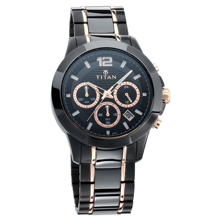 Titan Ceramics Black Dial Chrono Stainless Steel and Ceramic Strap watch for Men NS90090KD02