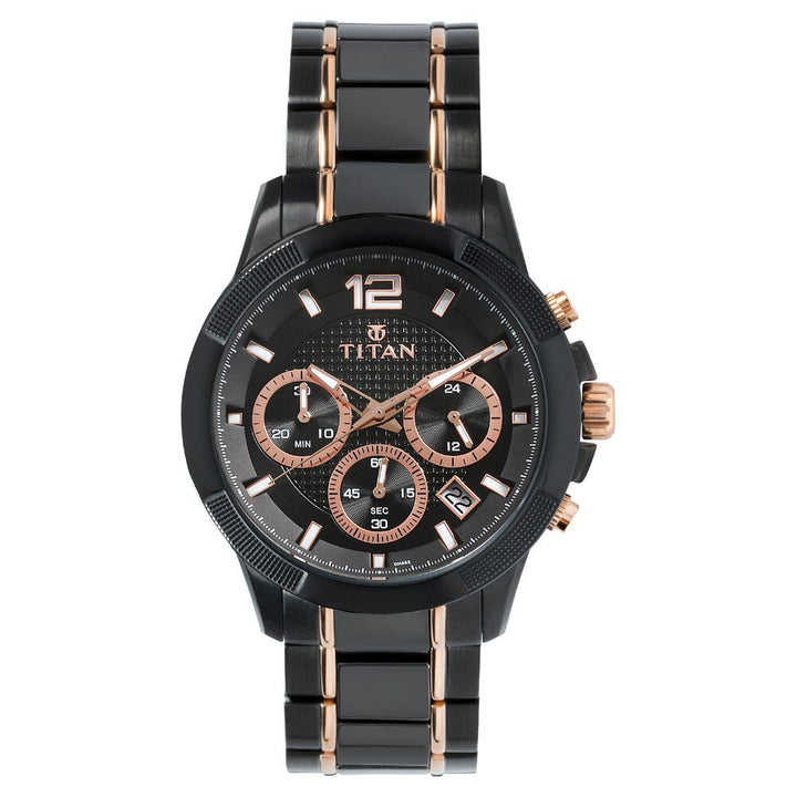 Titan Ceramics Black Dial Chrono Stainless Steel and Ceramic Strap watch for Men NS90090KD02
