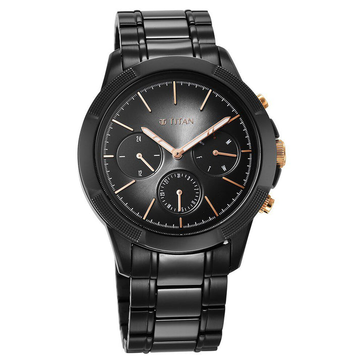 Titan Quartet Black Dial Analog with Day and Date Steel and Ceramic Strap watch for Men NS90090KD03